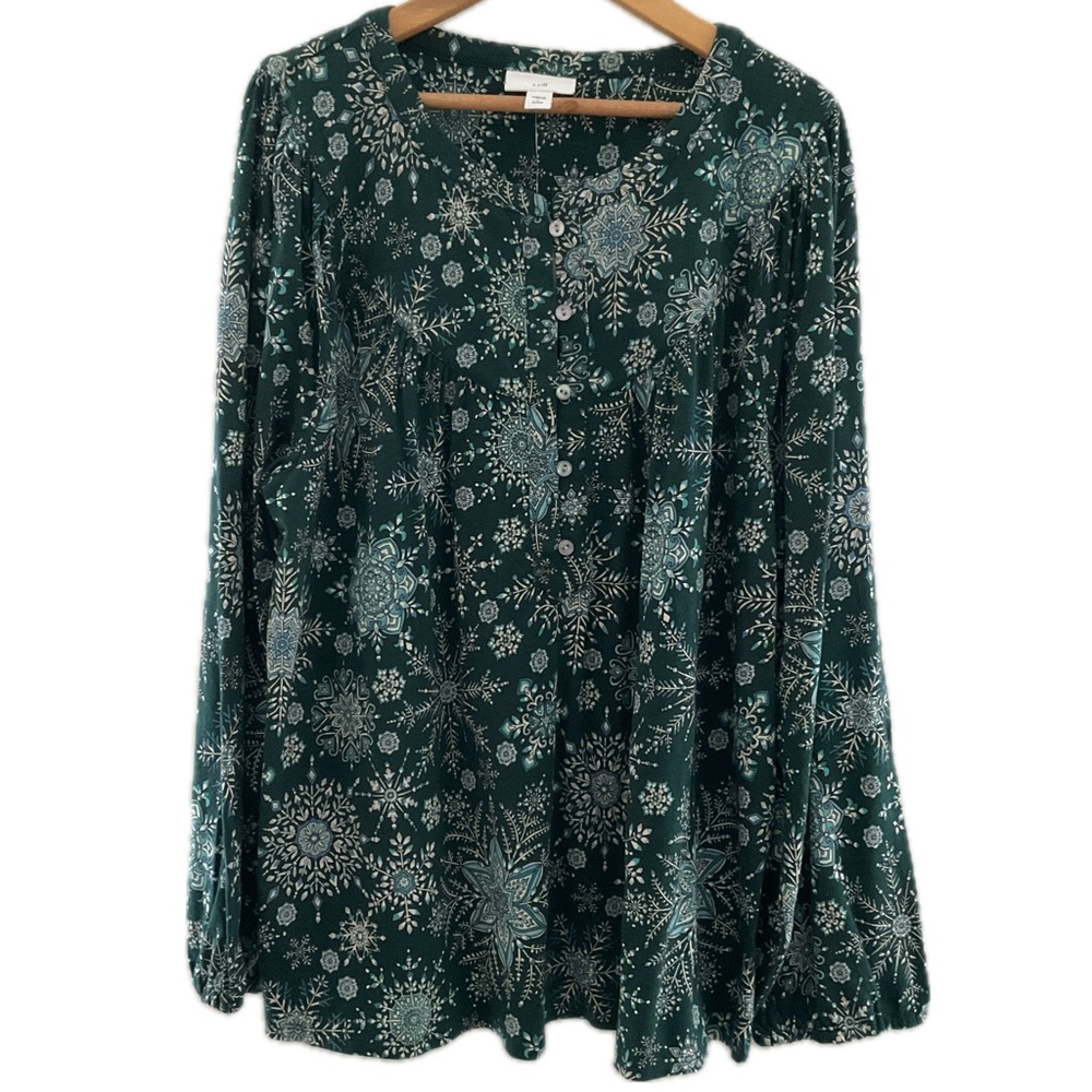 NEW J. Jill Large Petite Green Snowflake Print Henley Long Sleeve Blouse